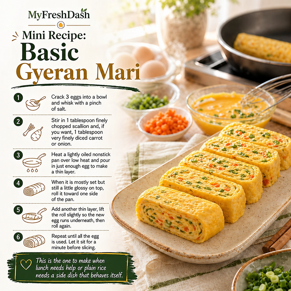 Square recipe graphic showing sliced Korean rolled omelet with scallions and carrots beside step-by-step instructions for making basic gyeran mari.