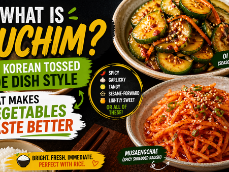 YouTube-style thumbnail about Korean muchim, showing a bowl of glossy seasoned cucumber oi muchim and a bowl of bright red shredded radish musaengchae beside rice, with bold text reading “What Is Muchim? The Korean tossed side dish style that makes vegetables taste better.”