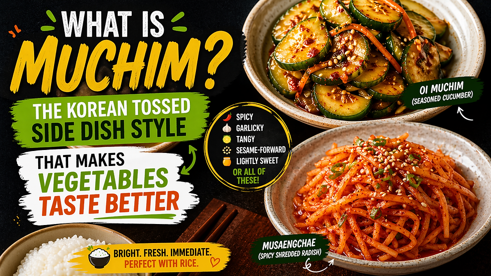 YouTube-style thumbnail about Korean muchim, showing a bowl of glossy seasoned cucumber oi muchim and a bowl of bright red shredded radish musaengchae beside rice, with bold text reading “What Is Muchim? The Korean tossed side dish style that makes vegetables taste better.”