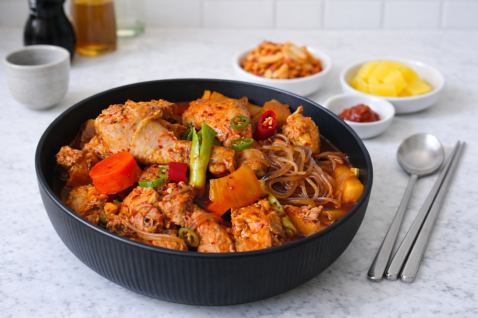 Dakbokkeumtang Korean spicy braised chicken served in a black bowl with chicken, potatoes, carrots, glass noodles, and green onions.