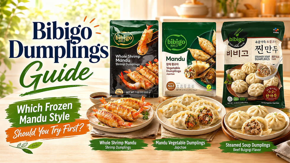 Bright MyFreshDash-style blog thumbnail featuring Bibigo Whole Shrimp Mandu, Bibigo Mandu Vegetable Dumplings Japchae, and Bibigo Steamed Soup Dumplings Beef Bulgogi Flavor with plated dumplings under the title “Bibigo Dumplings Guide.”