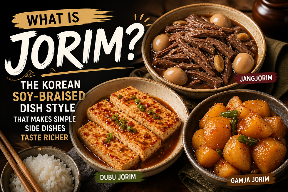 Blog thumbnail reading “What Is Jorim?” featuring three Korean soy-braised side dishes: jangjorim with shredded beef and eggs, dubu jorim with glazed tofu, and gamja jorim with glossy braised potatoes, styled in bowls beside white rice on a dark tabletop.