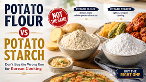 Wide landscape thumbnail titled “Potato Flour vs Potato Starch,” comparing two white powders for Korean cooking. A red badge says “Not the same,” with potato flour shown as denser and more whole-potato-like, while potato starch is shown as lighter and better for crisp coating. The scene includes bowls of both powders, potatoes, crispy fried foods, Korean pancake, and a “Buy the Right One” callout on a bright commercial kitchen background.