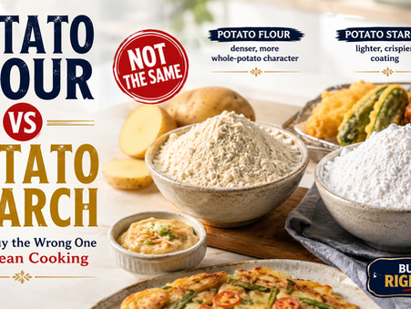 Wide landscape thumbnail titled “Potato Flour vs Potato Starch,” comparing two white powders for Korean cooking. A red badge says “Not the same,” with potato flour shown as denser and more whole-potato-like, while potato starch is shown as lighter and better for crisp coating. The scene includes bowls of both powders, potatoes, crispy fried foods, Korean pancake, and a “Buy the Right One” callout on a bright commercial kitchen background.