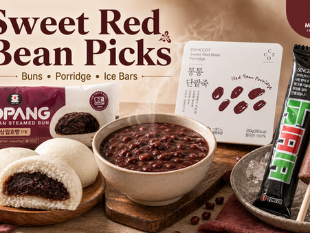 Landscape blog thumbnail showing sweet red bean product picks, including red bean steamed buns with one bun cut open, a bowl of hot sweet red bean porridge, a packaged red bean steamed bun product, a packaged red bean porridge product, and a red bean ice bar with wrapper on ice, styled in a warm premium food-editorial layout with the headline “Sweet Red Bean Picks.”