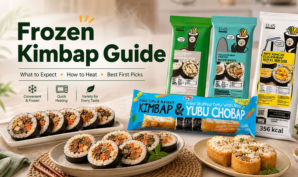 Bright blog thumbnail featuring frozen Korean kimbap and yubu chobap packages with plated sliced kimbap, highlighting a Frozen Kimbap Guide for heating tips and first-time picks.