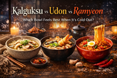 Three steaming bowls of kalguksu, udon, and ramyeon arranged in a premium winter-themed comparison thumbnail with bold title text.