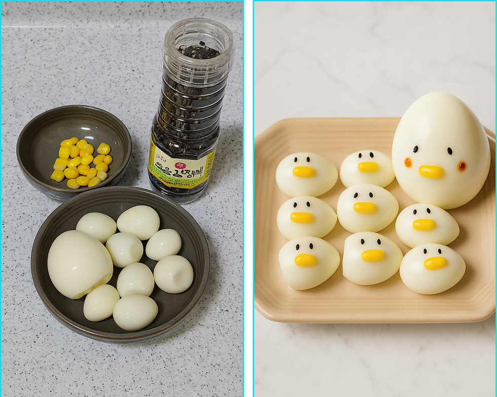 Two-panel: Left—corn kernels, black-sesame seed grinder, and peeled eggs on dishes. Right—assembled egg “chicks” on a tray with corn beaks and sesame eyes.