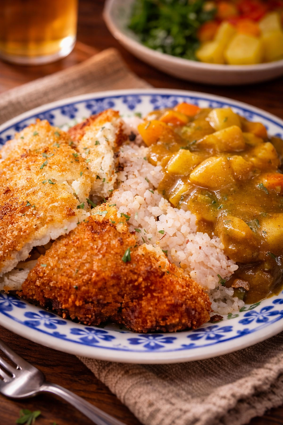 Close-up of a cozy Korean home dinner plate featuring Chung Jung One Pork Loin Cutlet with steamed rice and thick golden curry with potato and carrot pieces, served on a blue-and-white patterned plate under warm ambient lighting.