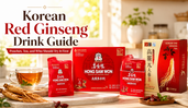 Korean Red Ginseng Drink Guide thumbnail featuring red ginseng drink pouches, boxed ginseng tea, a warm tea cup, and ginseng roots in a bright premium MyFreshDash morning kitchen layout.