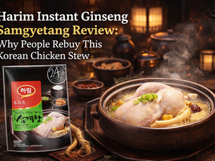 Thumbnail for a review of Harim Instant Ginseng Samgyetang, featuring the red-and-green Harim package beside a steaming bowl of Korean chicken ginseng stew in a dark, warm restaurant-style setting, with the headline “Harim Instant Ginseng Samgyetang Review: Why People Rebuy This Korean Chicken Stew.”