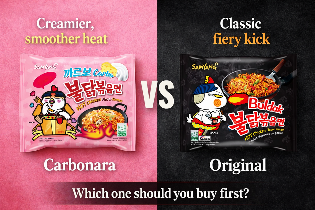 Buldak Carbonara vs Original Buldak comparison graphic