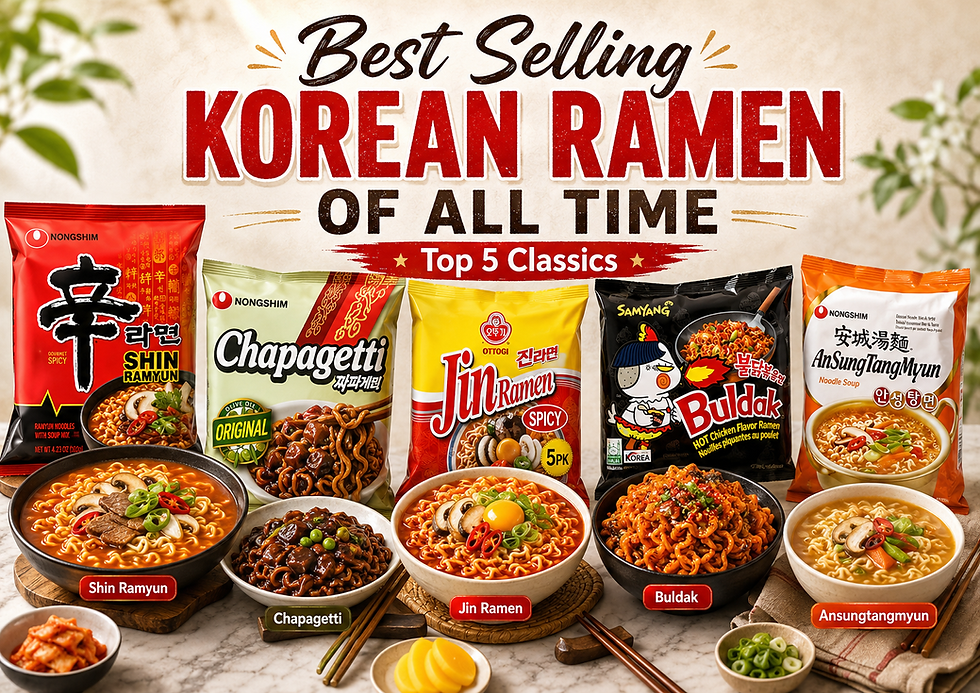 Premium thumbnail featuring five classic Korean ramen brands—Shin Ramyun, Chapagetti, Jin Ramen, Buldak, and Ansungtangmyun—displayed with appetizing bowls of prepared noodles under the headline “Best Selling Korean Ramen of All Time: Top 5 Classics.”