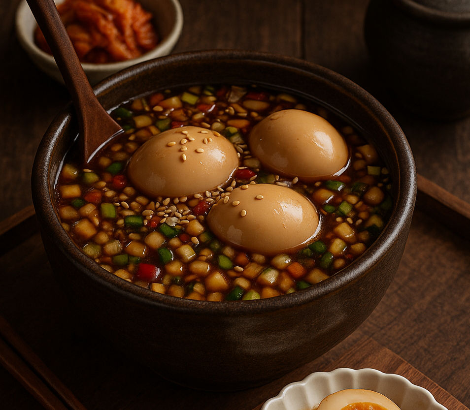 Close-up of three soy-marinated eggs in a dark ceramic bowl, garnished with sesame seeds and diced vegetables, with a side of kimchi in the background.
