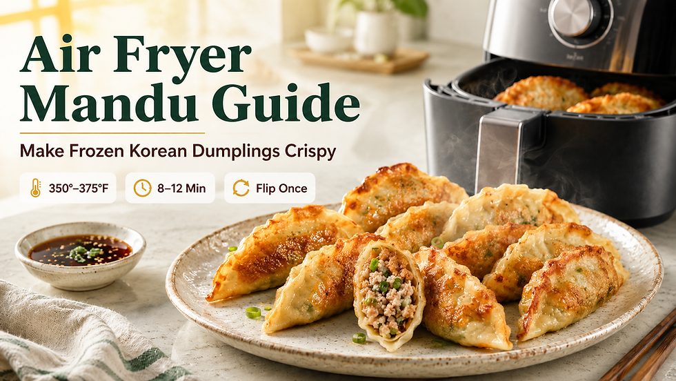 Bright MyFreshDash-style thumbnail showing crispy air-fried Korean mandu on a plate with dipping sauce and an air fryer in the background, featuring guide tips like 350°–375°F, 8–12 minutes, and flip once.