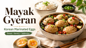Bright mayak gyeran thumbnail showing Korean marinated eggs in soy sauce with scallions, red chilies, garlic, sesame seeds, rice, chopsticks, and sliced jammy eggs.