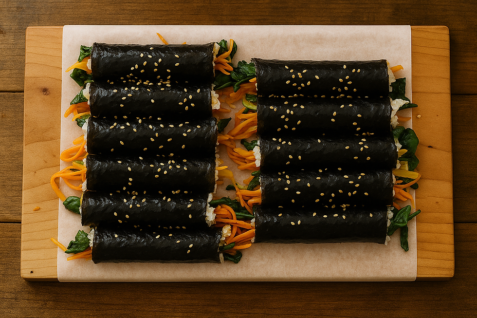 Twelve glossy gimbap rolls sprinkled with sesame seeds, neatly lined on parchment over a wooden cutting board.
