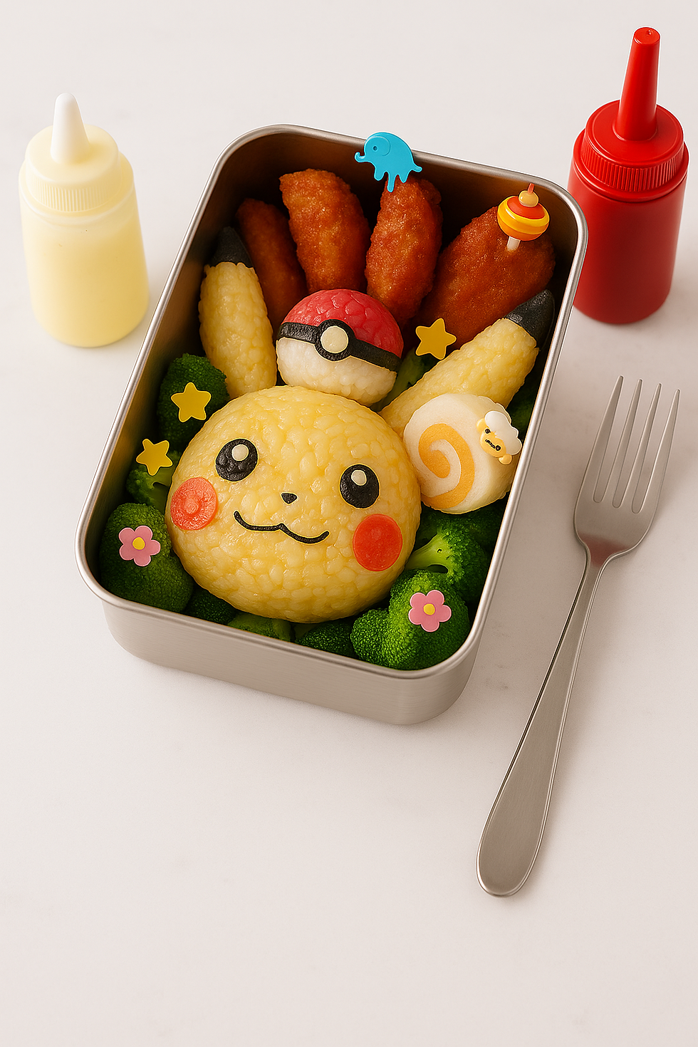Pikachu bento box featuring yellow rice shaped into Pikachu's face with radish cheeks, broccoli, fried chicken, a Poké Ball rice ball, rolled egg slice, and decorative food picks, presented in a metal container with squeeze bottles of ketchup and mayo on the side.
