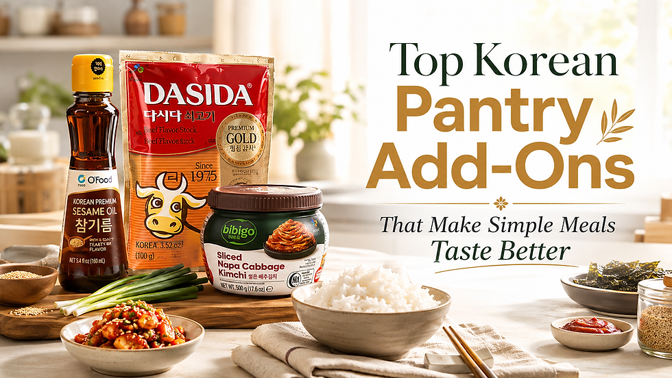Bright Korean pantry add-ons blog thumbnail with sesame oil, beef stock powder, sliced napa cabbage kimchi, rice, gochujang, roasted seaweed, sesame seeds, scallions, and bold title text about pantry items that make simple meals taste better.