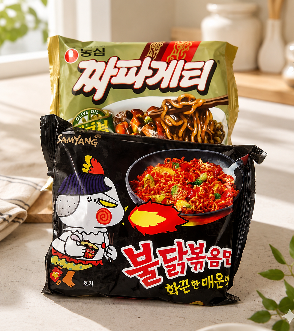 Bright morning kitchen image showing a black Samyang Buldak ramen package in front of an olive-green Chapagetti package, both standing on a light countertop with soft sunlight and leafy decor.