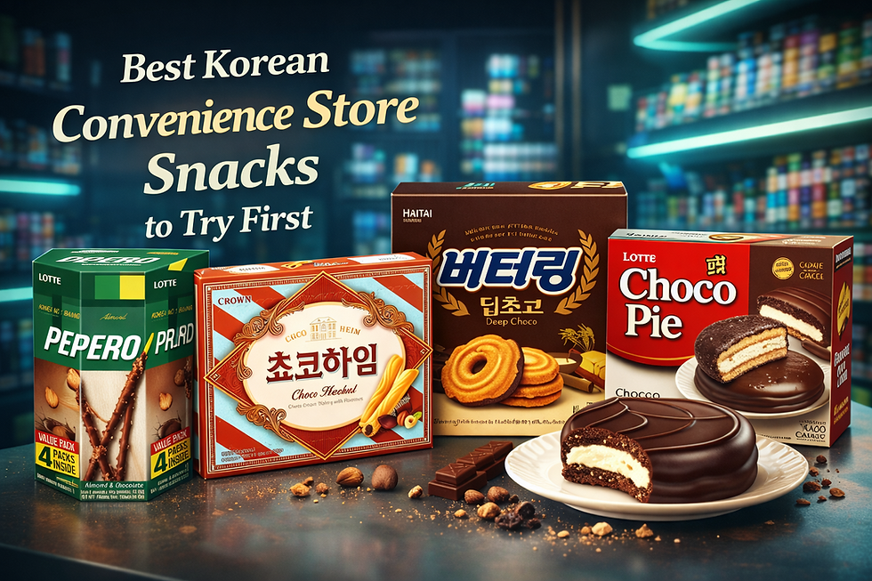 Best Korean convenience store snacks to try first featuring Pepero, Choco Heim, Deep Choco cookies, and Lotte Choco Pie displayed with chocolate pieces in a modern convenience store setting