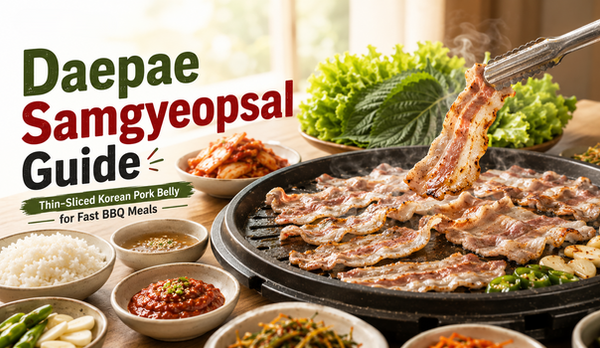 Bright Daepae samgyeopsal guide thumbnail showing thin-sliced Korean pork belly cooking on a grill pan with tongs, lettuce, perilla leaves, rice, ssamjang, kimchi, garlic, green chilies, and title text about fast BBQ meals.