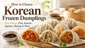 Bright Korean frozen dumplings guide thumbnail showing realistic steamed and pan-fried mandu with pork, kimchi, shrimp, and japchae fillings, dipping sauce, bamboo steamer, and title text about choosing dumplings by filling.