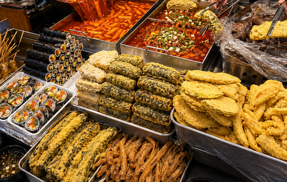 Busy Korean street food stall with trays of tteokbokki, kimbap, fish cake skewers, kimari, assorted fried snacks, and vendors serving food in a lively market setting.
