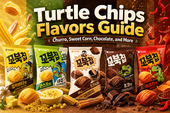 Commercial Turtle Chips Flavors Guide thumbnail featuring multiple Turtle Chips bags, including corn soup, choco churros, chocolate, garlic butter, and spicy flavors, arranged with corn, chocolate, churros, peppers, and snack pieces under bold title text reading “Turtle Chips Flavors Guide.”