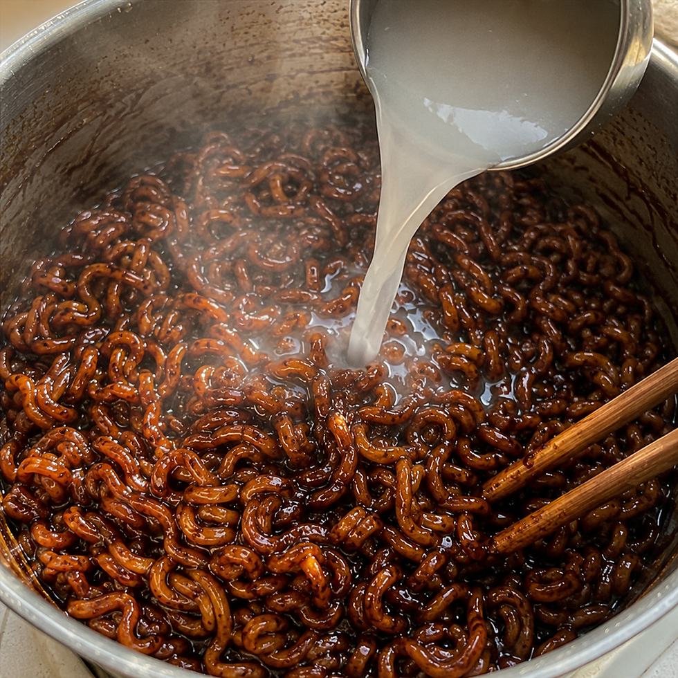 Square close-up image of glossy dark jajang ramen noodles in a stainless steel pot, with cloudy starchy noodle water being poured from a realistic metal ladle. Wooden chopsticks rest in the noodles, and soft steam rises from the shiny black-brown sauce under warm morning light.