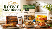Bright Korean side dishes thumbnail showing seasoned burdock, mushroom japchae, hot pepper tuna, plated banchan, green chilies, and title text about easy Korean sides to keep on hand.