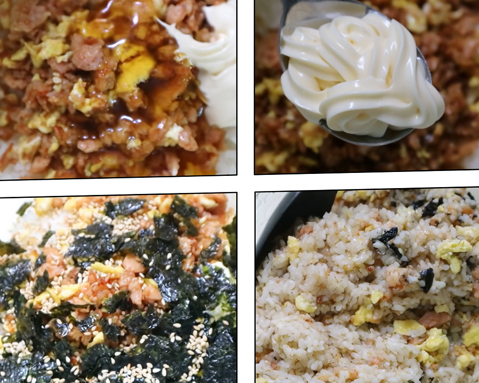 Collage showing mixing steps for Korean rice balls: Spam and egg with sauce, spoonful of mayo, seaweed with sesame seeds, and final rice mixture.