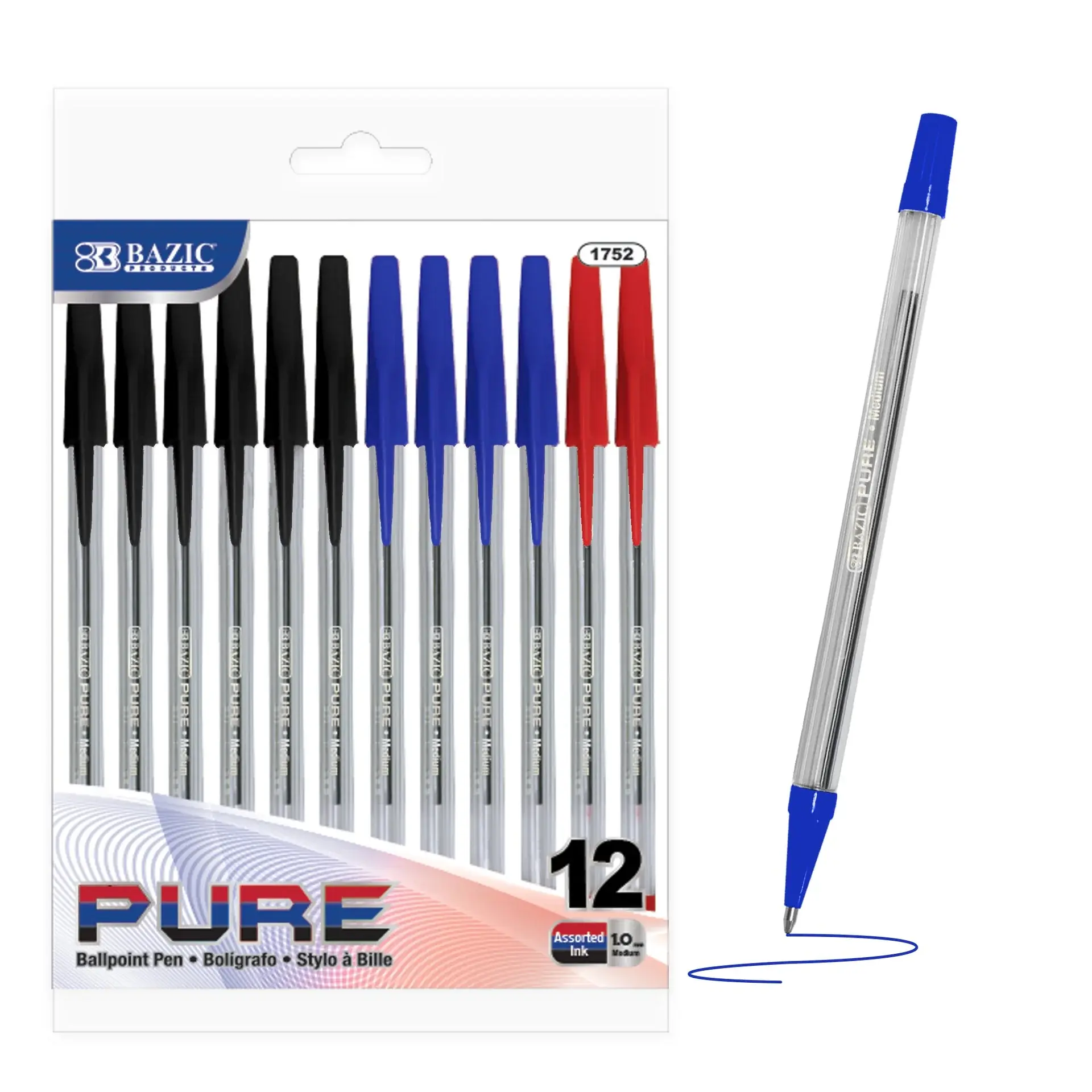 Bazic Pure assorted color stick pen 12 pack with smooth ink flow.
