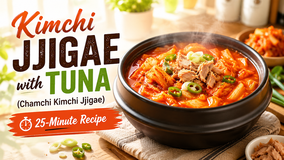 Bright kimchi jjigae with tuna thumbnail showing steaming red kimchi stew topped with tuna, green chili, scallions, kimchi, and title text for a 25-minute chamchi kimchi jjigae recipe.