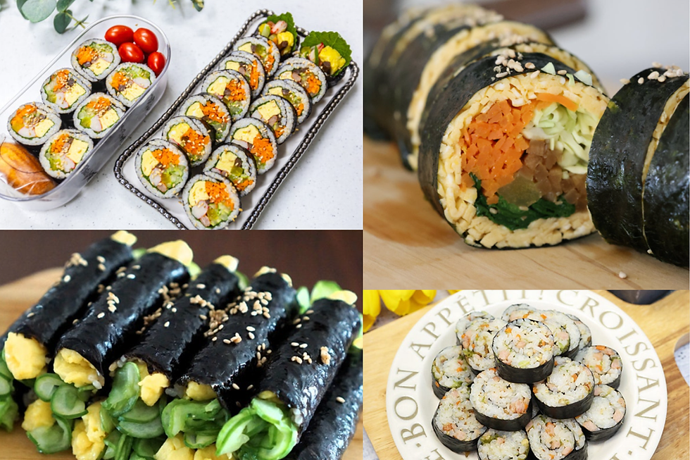 Collage of kimbap styles: lunchbox rolls, platter display, jumbo roll cross-section, mini gimbap.