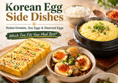 Bright morning Korean food thumbnail showing rolled omelet slices, soy-marinated eggs, and steamed eggs with rice and banchan, titled “Korean Egg Side Dishes.”