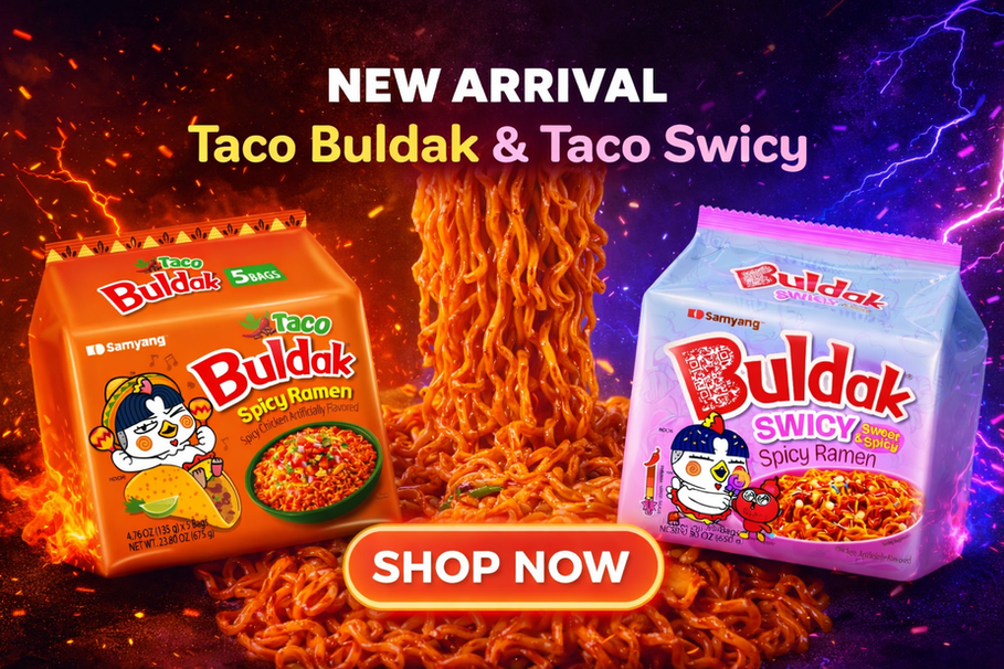 New Arrival banner showing Samyang Taco Buldak and Taco Swicy instant ramen packs on a fiery orange-and-purple background, with saucy noodles in the center and a large ‘Shop Now’ button.