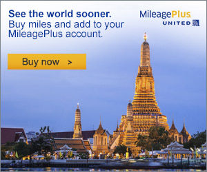 United Airlines MileagePlus ad featuring an illuminated temple at dusk; text reads “See the world sooner. Buy miles and add to your MileagePlus account,” with a yellow “Buy now” button.