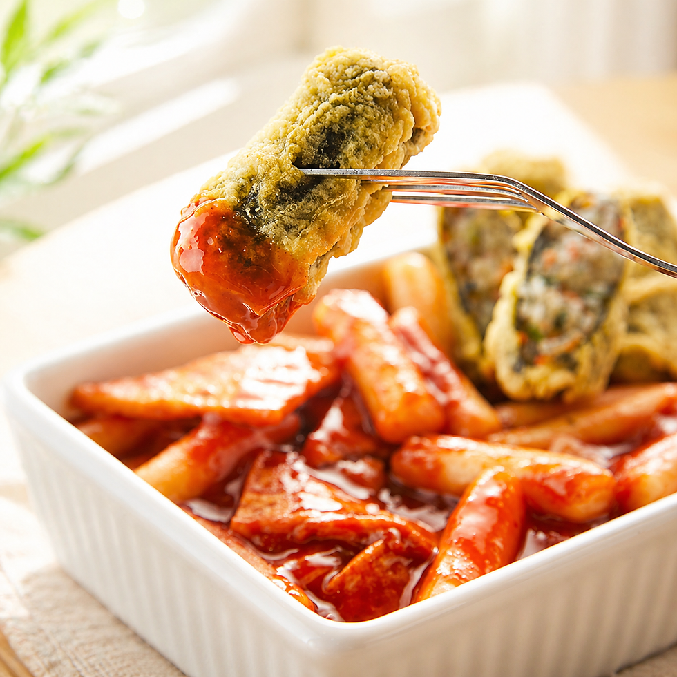 Crispy kimari seaweed roll dipped in red tteokbokki sauce on a fork above a bright bowl of spicy rice cakes, styled with soft morning light.