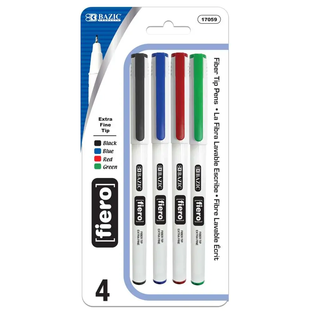 BAZIC Fiero Assorted Color Fiber Tip Fineliner Pen – 4 Pack