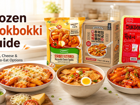 Bright MyFreshDash-style thumbnail featuring Pulmuone Mozzarella Cheese Topokki, Cook-Tok Newtro Tteokbokki, and K-town Dukbokki Original Spicy with bowls of cheesy, ready-to-eat, and classic spicy tteokbokki under the title “Frozen Tteokbokki Guide.”