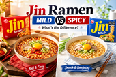Bright comparison thumbnail showing Jin Ramen Spicy and Jin Ramen Mild side by side, with red and blue packaging, two prepared ramen bowls, and bold text reading “Jin Ramen Mild vs Spicy: What’s the Difference?”
