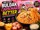 Bold thumbnail showing Buldak Carbonara ramen upgraded with creamy cheese, sausage, mushrooms, parsley, and glossy spicy noodles, alongside accurate pink Samyang Buldak Carbonara packaging and headline text reading “How to Make Buldak Carbonara Better.”