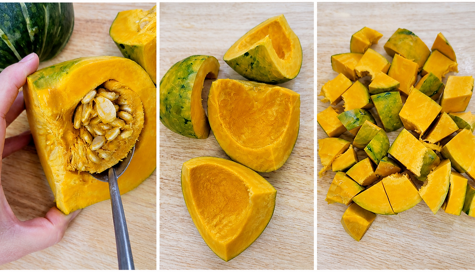Three-panel collage showing kabocha pumpkin preparation steps for hobakjuk: removing seeds, cutting pumpkin wedges, and chopping the pumpkin into cubes on a wooden board.