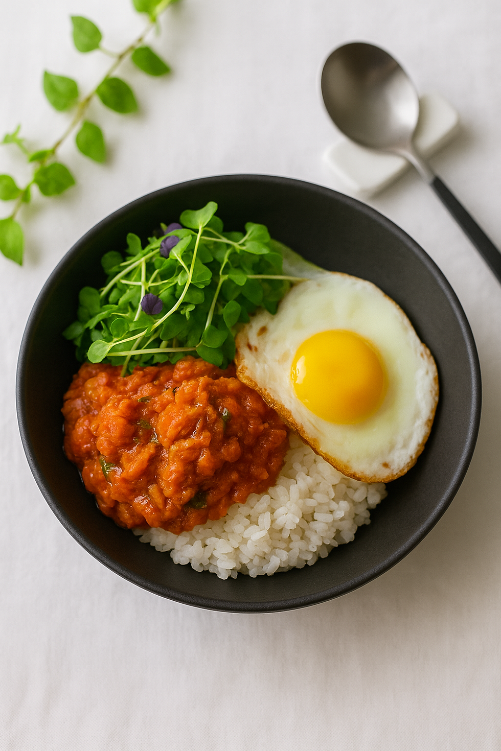 Spicy tuna bibimbap in a black bowl—steamed rice, glossy kimchi-tuna sauce, microgreens, and a runny sunny-side egg.