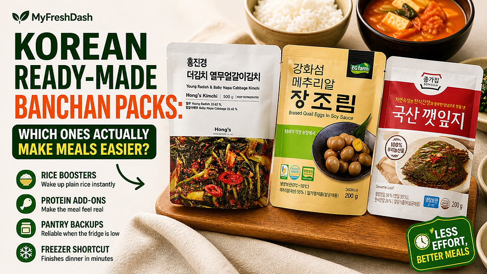 Thumbnail showing three Korean ready-made banchan packs—young radish kimchi, braised quail eggs in soy sauce, and sesame leaf—beside rice and stew, with text about which packs make meals easier.