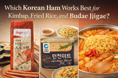 Blog thumbnail with the title “Which Korean Ham Works Best for Kimbap, Fried Rice, and Budae Jjigae?” showing Jinju Double Smoke Ham beside kimbap on the left, Chung Jung One Luncheon Meat beside fried rice in the center, and a pot of budae jjigae on the right.