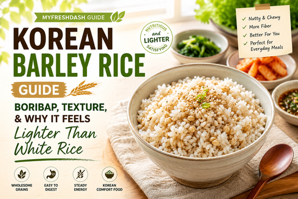 Korean barley rice guide thumbnail featuring a bowl of boribap with mixed barley and white rice, Korean side dishes, and bold text explaining its lighter texture.