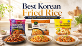 Bright Korean fried rice guide thumbnail showing octopus fried rice, radish kimchi fried rice, and tuna kimchi fried rice packages with plated fried rice bowls in a sunlit kitchen.