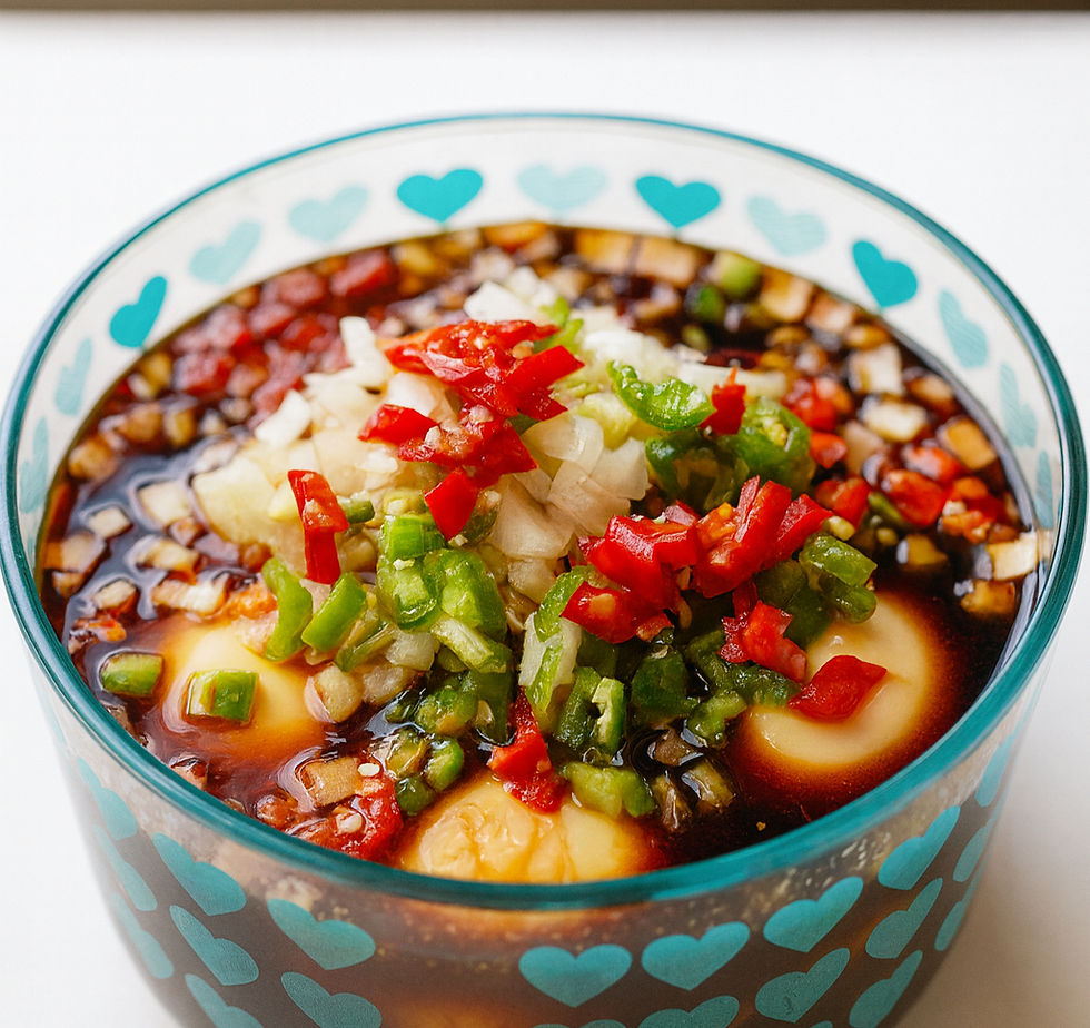 A vibrant mix of chopped onions, red and green chilies, and scallions sits on top of soy sauce-marinated eggs in a glass bowl with teal heart patterns.